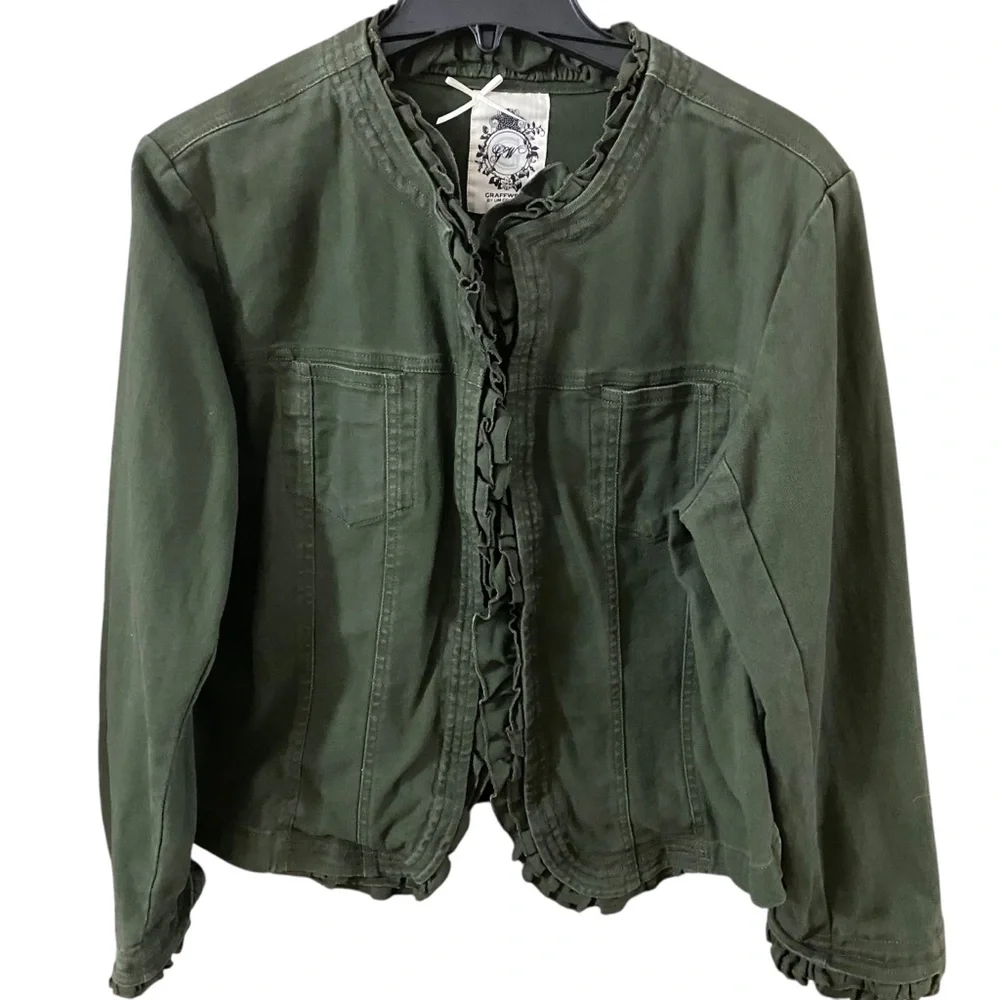 Craffwear by UM Company Cropped Ruffle Denim Jacket in Army Green Size M - Picture 2 of 7